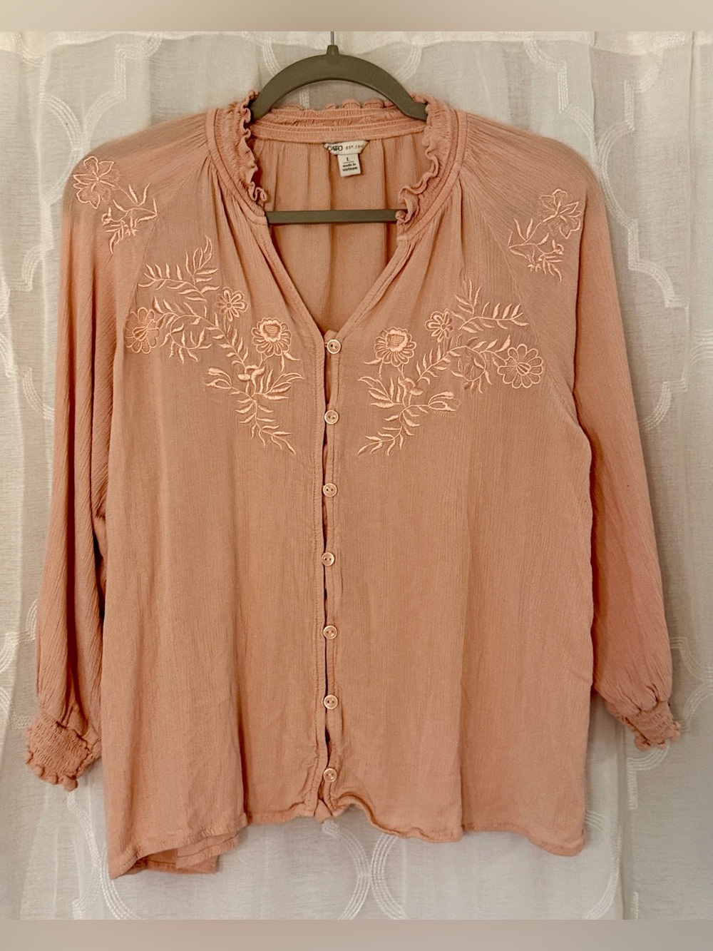 Cato Large Blush Pink Embroidered Boho Button Front Peasant Blouse